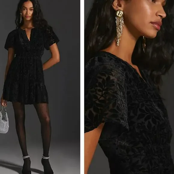 ANTHROPOLOGIE The Somerset Velvet Mini Dress Black Burnout Sz M NWT $160 {3Y10} - Picture 3 of 3